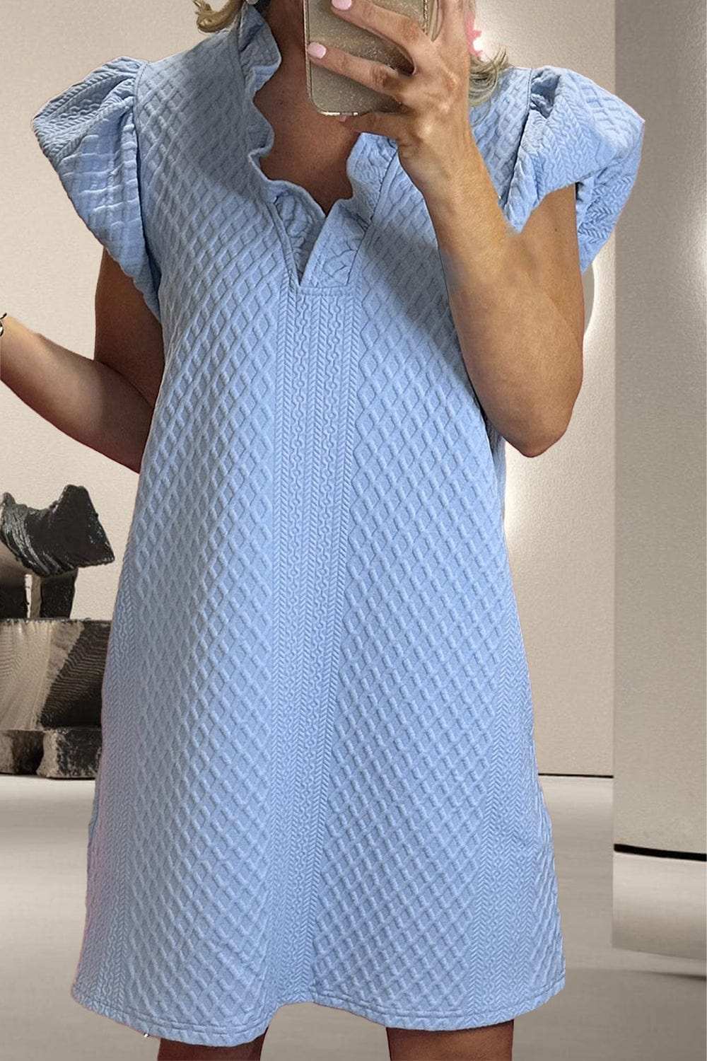 Ruffled V-Neck Cap Sleeve Mini Dress - Trendsi - Flyclothing LLC