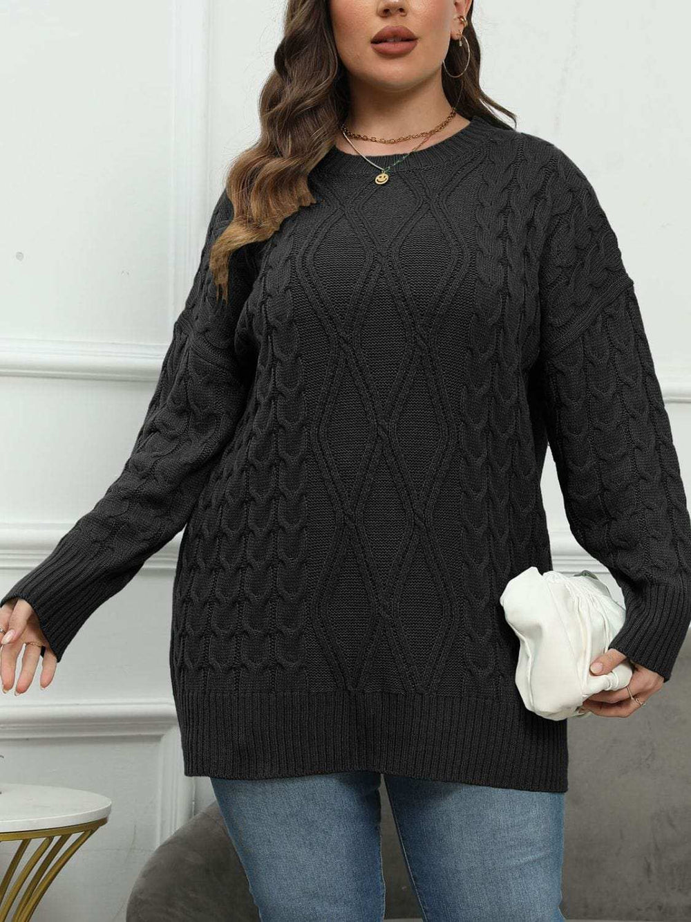 Plus Size Round Neck Long Sleeve Sweater - Trendsi - Flyclothing LLC