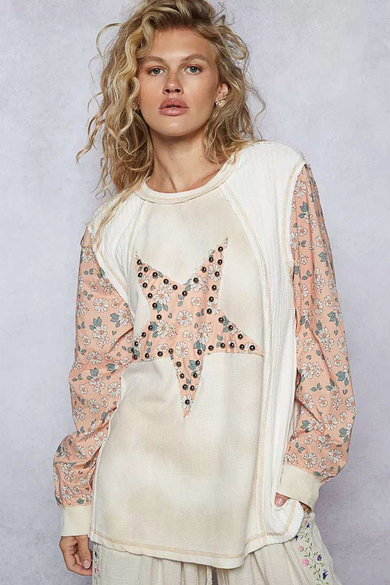 POL Exposed Seam Star Patch Thermal Top with Floral Sleeves - Trendsi - Flyclothing LLC