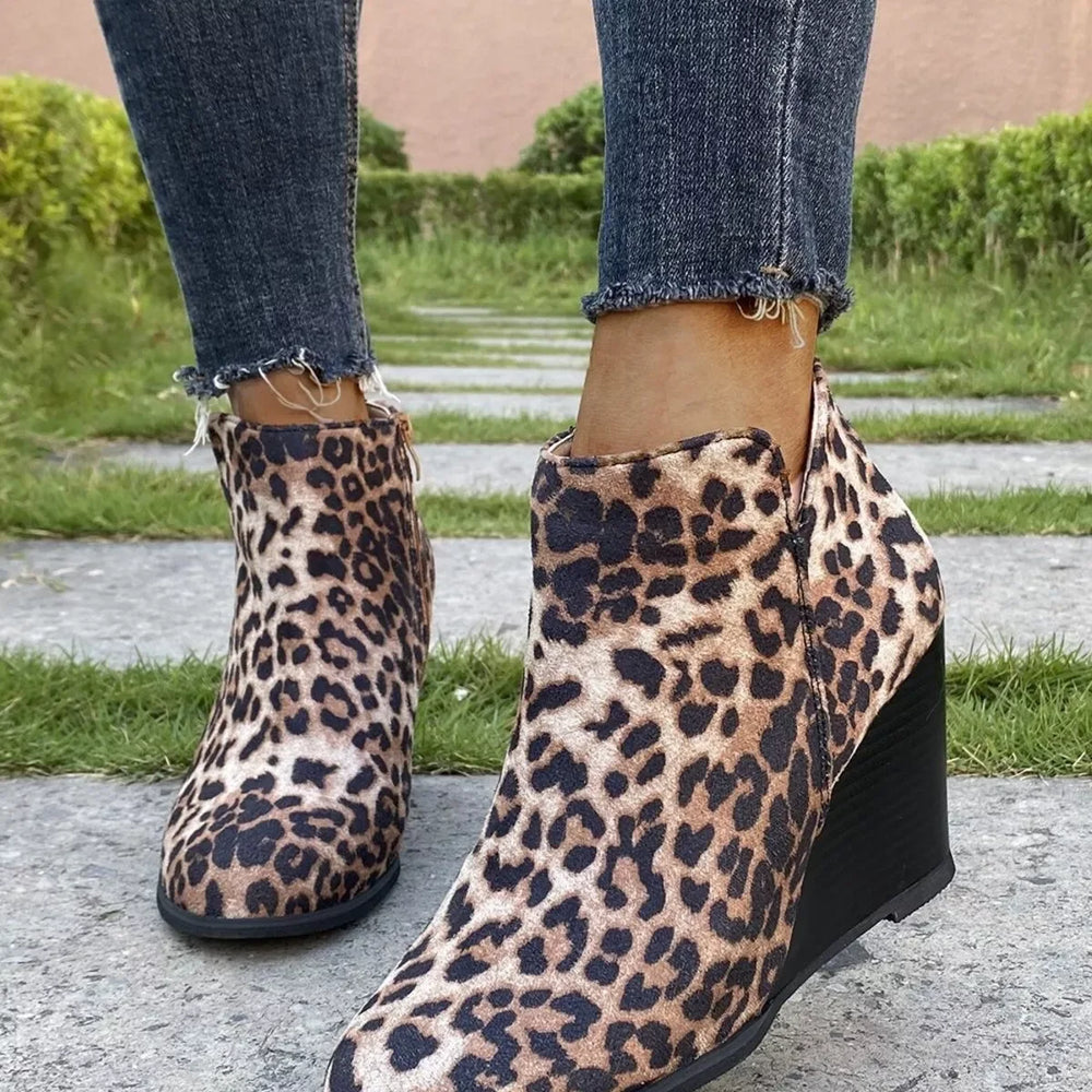 Round Toe Wedge Ankle Boots - Trendsi - Flyclothing LLC