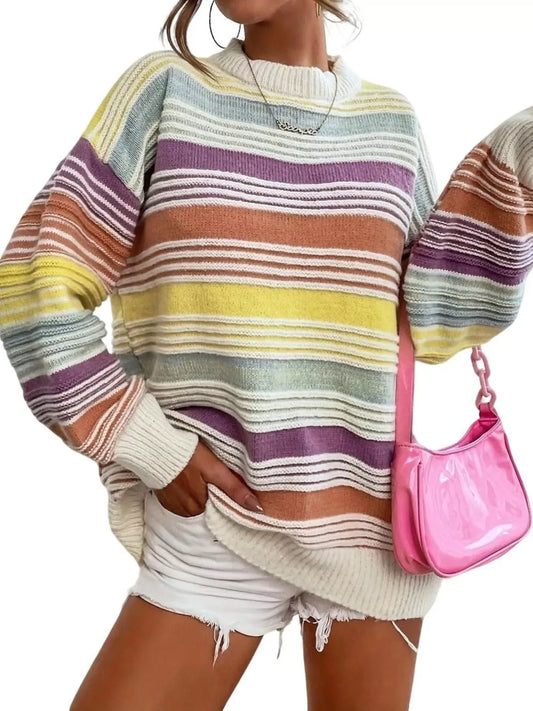 Striped Knit Long Sleeve Sweater - Trendsi - Flyclothing LLC