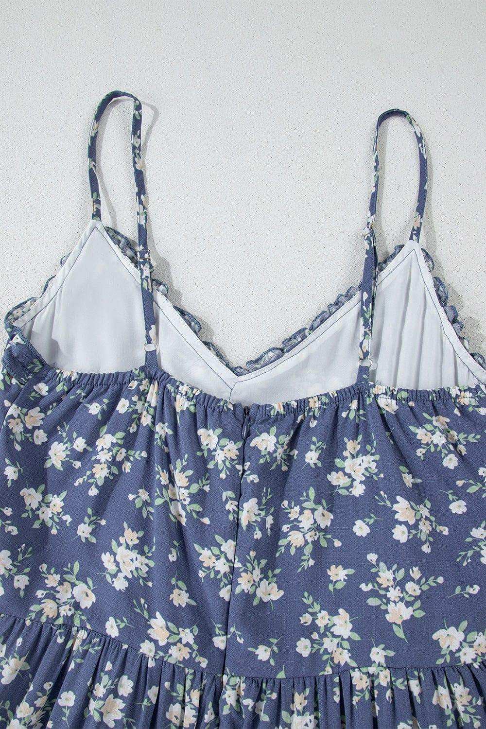 Floral Spaghetti Strap Frilled V Neck Tiered Midi Dress - Trendsi - Flyclothing LLC