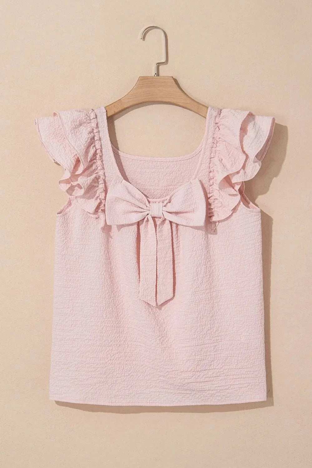 Textured Bow Knot Frilled Butterfly Sleeve Blouse - Trendsi - Flyclothing LLC