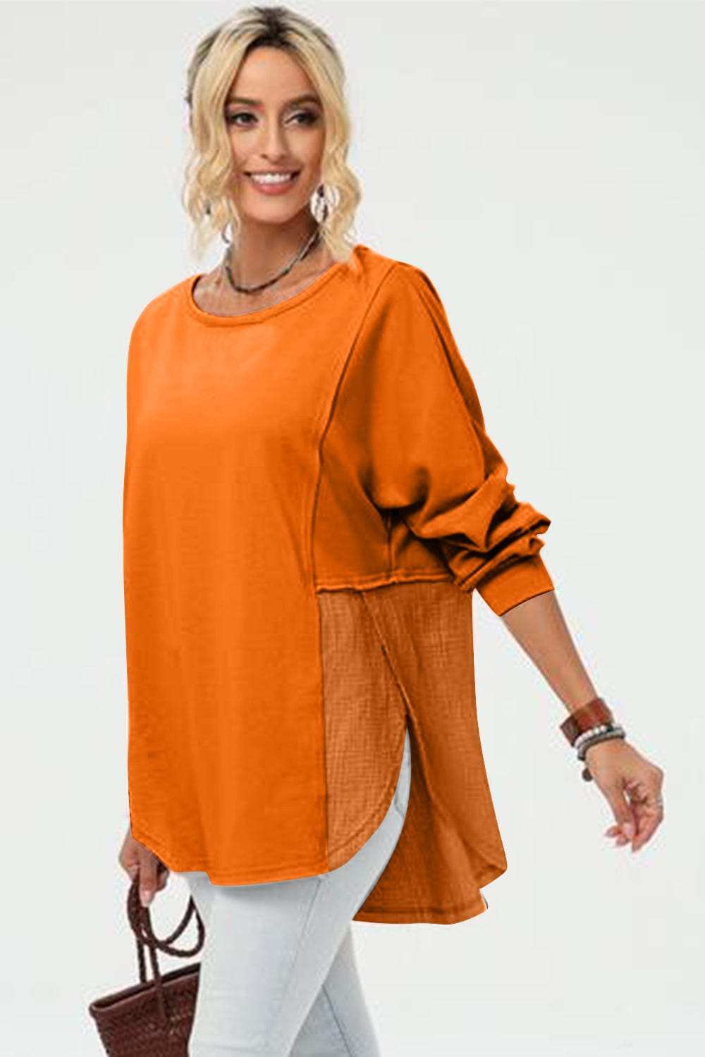 Double Take Full Size Long Sleeve High-Low T-Shirt - Trendsi - Flyclothing LLC