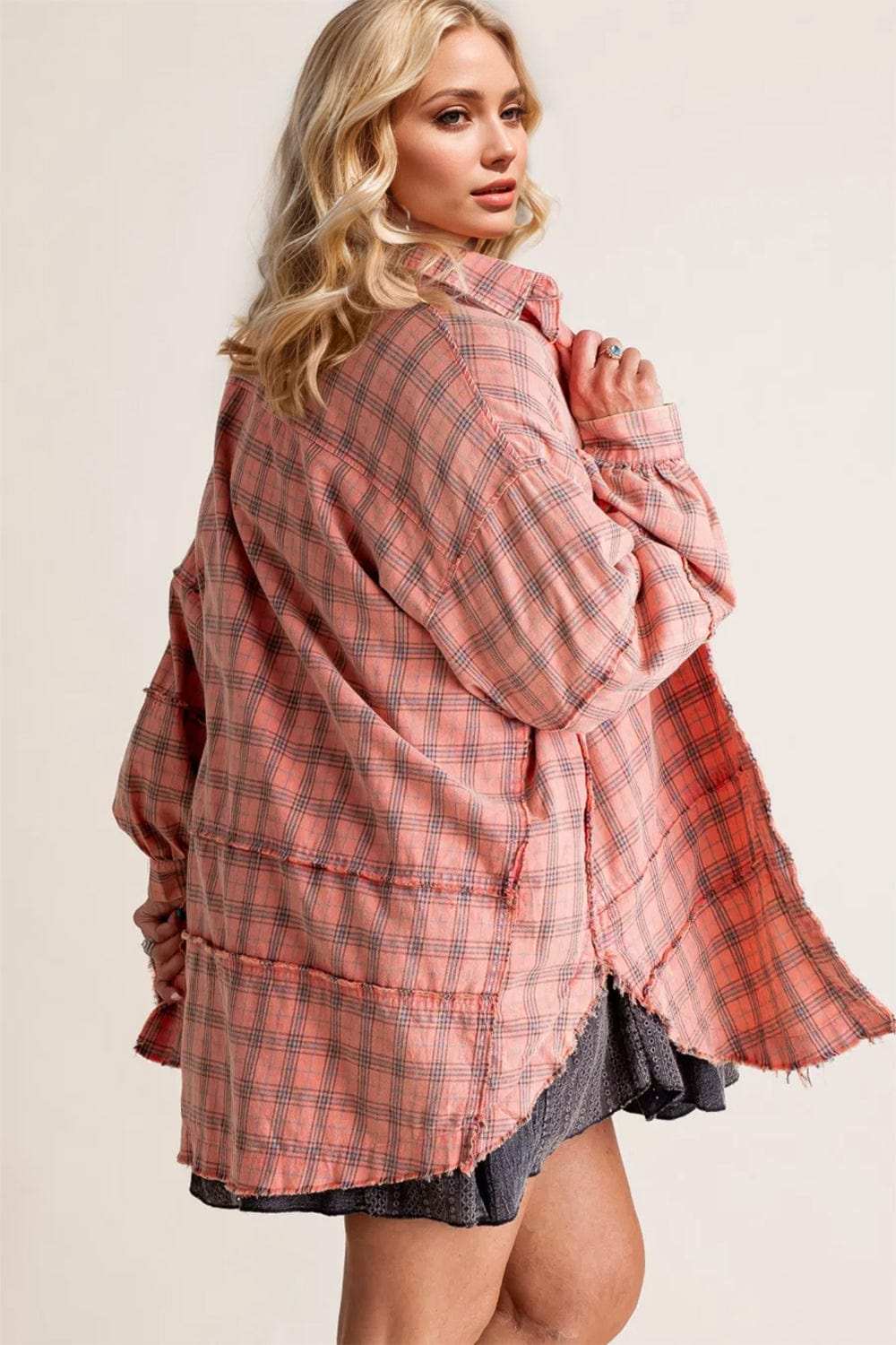 Exposed Seam Plaid Collared Neck Long Sleeve Shirt - Trendsi - Flyclothing LLC