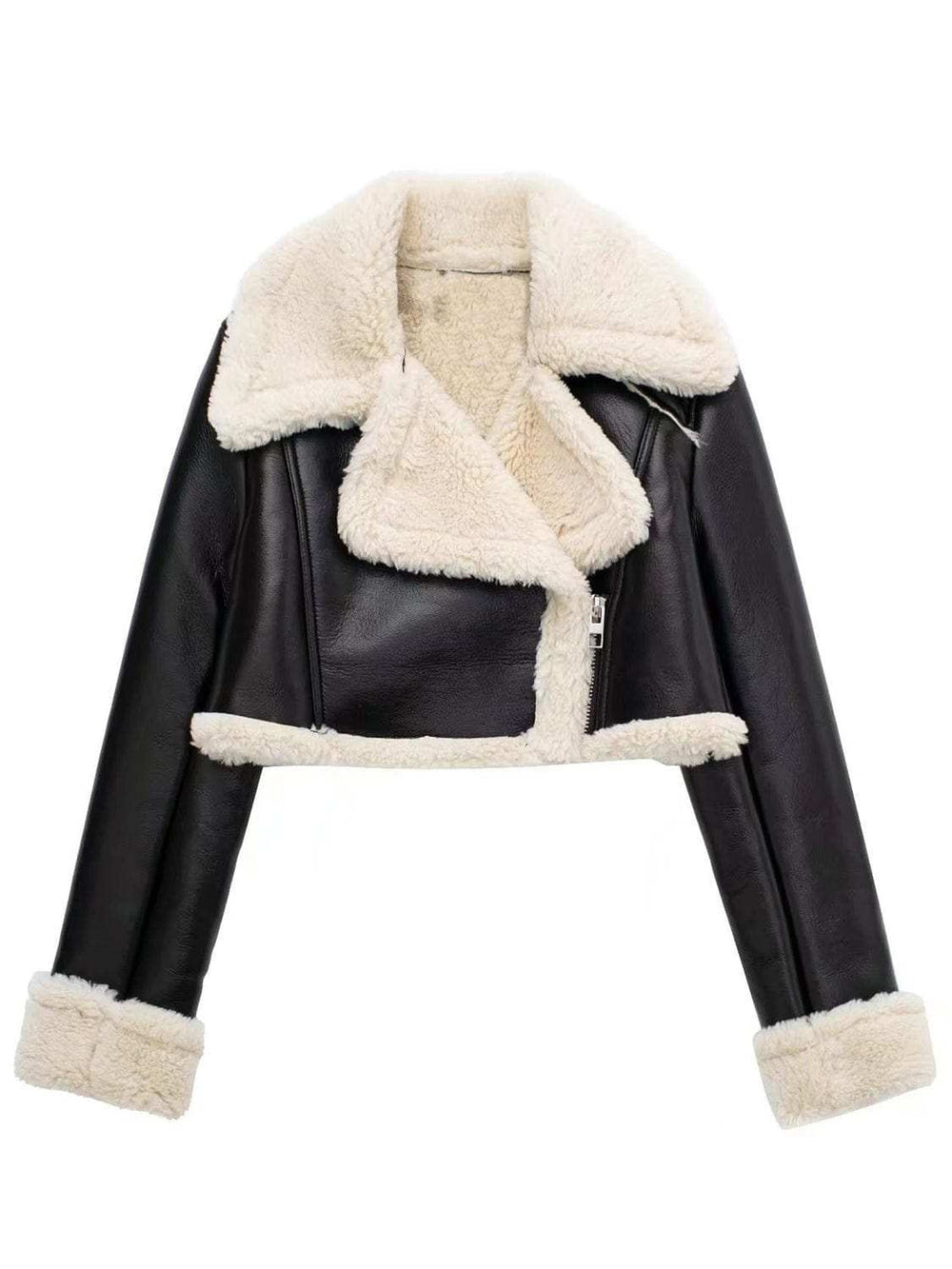 Collared Neck Long Sleeve Plush Cropped Jacket - Trendsi - Flyclothing LLC