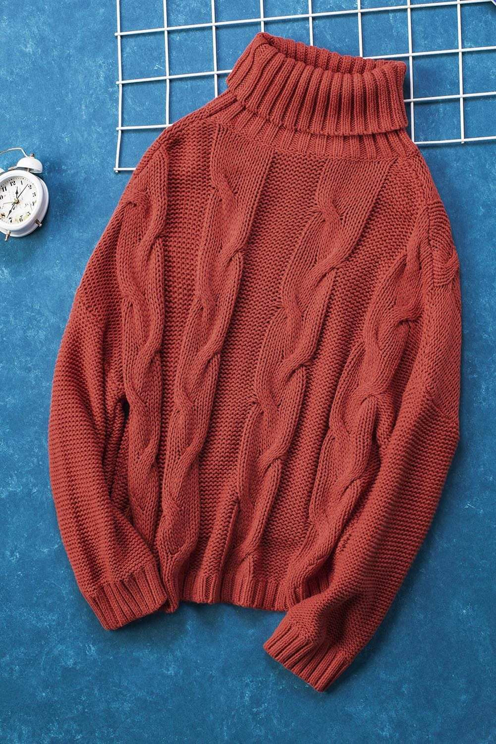 Cable-Knit Turtleneck Dropped Shoulder Sweater - Trendsi - Flyclothing LLC