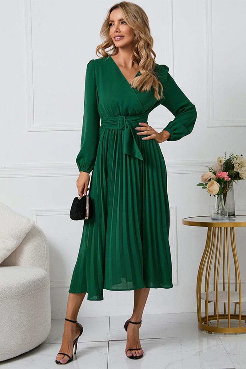 V-Neck Long Sleeve Tie Waist Midi Dress - Trendsi - Flyclothing LLC
