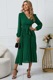 V-Neck Long Sleeve Tie Waist Midi Dress - Trendsi - Flyclothing LLC
