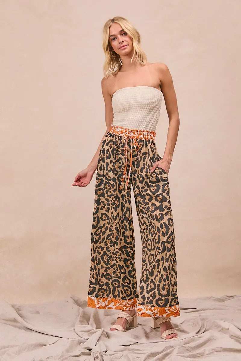 BiBi Leopard Print With Contrast Banded Wide Pants - Trendsi - Flyclothing LLC
