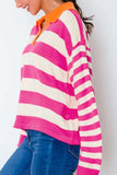 Contrast Stripes Johnny Collar Long Sleeve Sweater - Trendsi - Flyclothing LLC