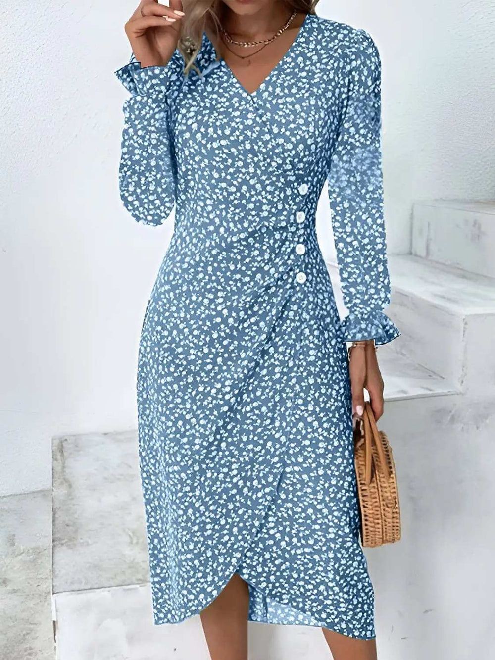 Full Size Printed Surplice Long Sleeve Midi Dress - Trendsi - Flyclothing LLC