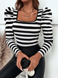 Striped Square Neck Puff Sleeve T-Shirt - Trendsi - Flyclothing LLC