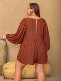 Plus Size Ruched Tie Neck Balloon Sleeve Romper - Trendsi - Flyclothing LLC