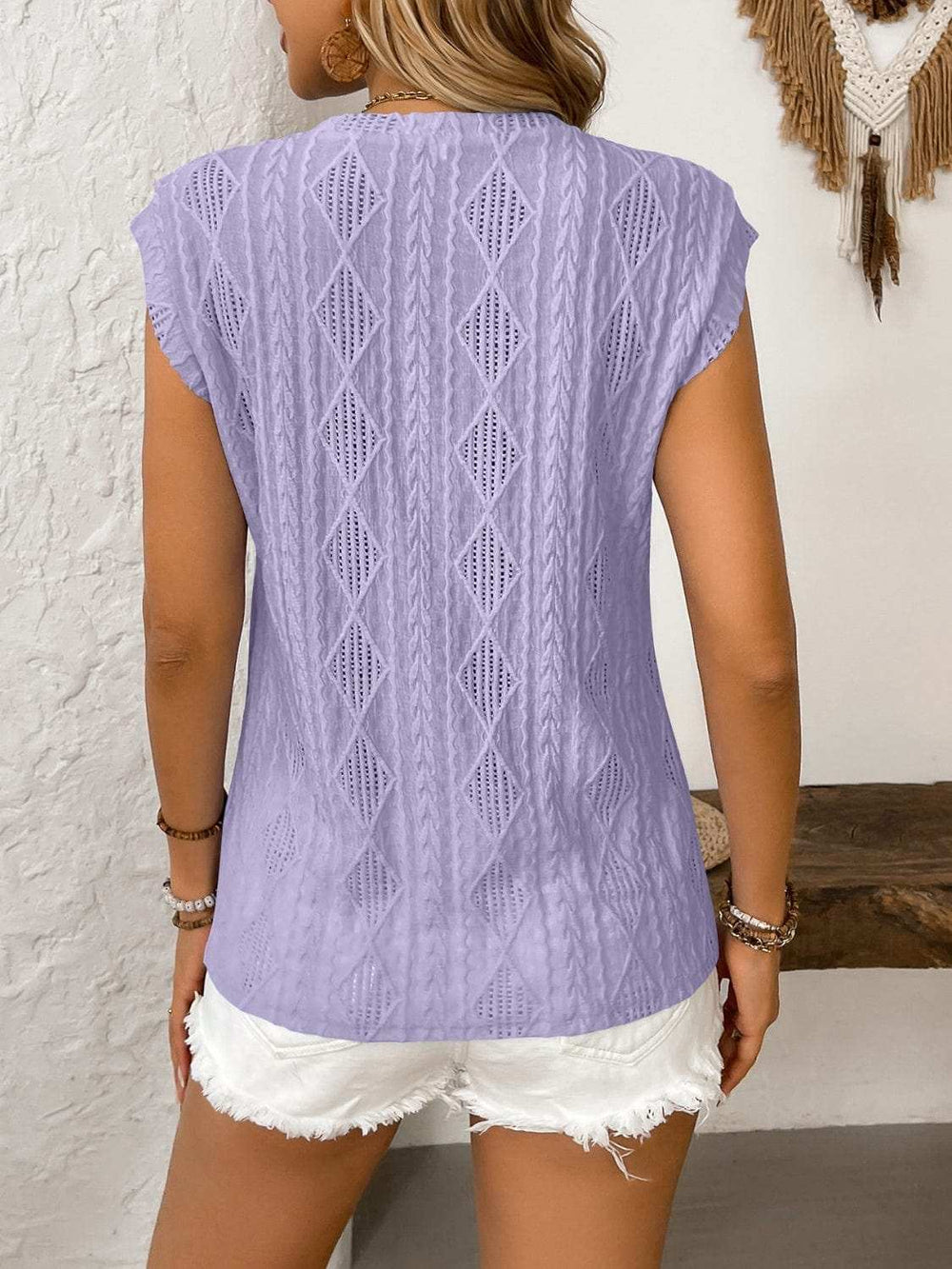 Eyelet Round Neck Cap Sleeve Top - Trendsi - Flyclothing LLC