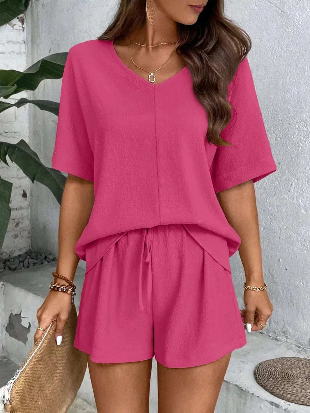 V-Neck Half Sleeve Top and Shorts Set - Trendsi - Flyclothing LLC