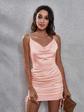 Side Drawstring Ruched Cowl Neck Mini Cami Dress - Trendsi - Flyclothing LLC