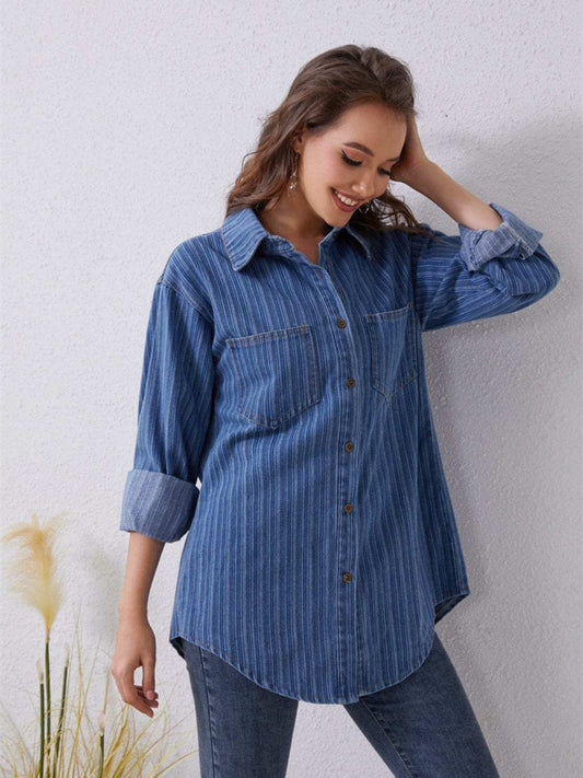 Pocketed Striped Button Up Denim Shirt - Trendsi - Flyclothing LLC