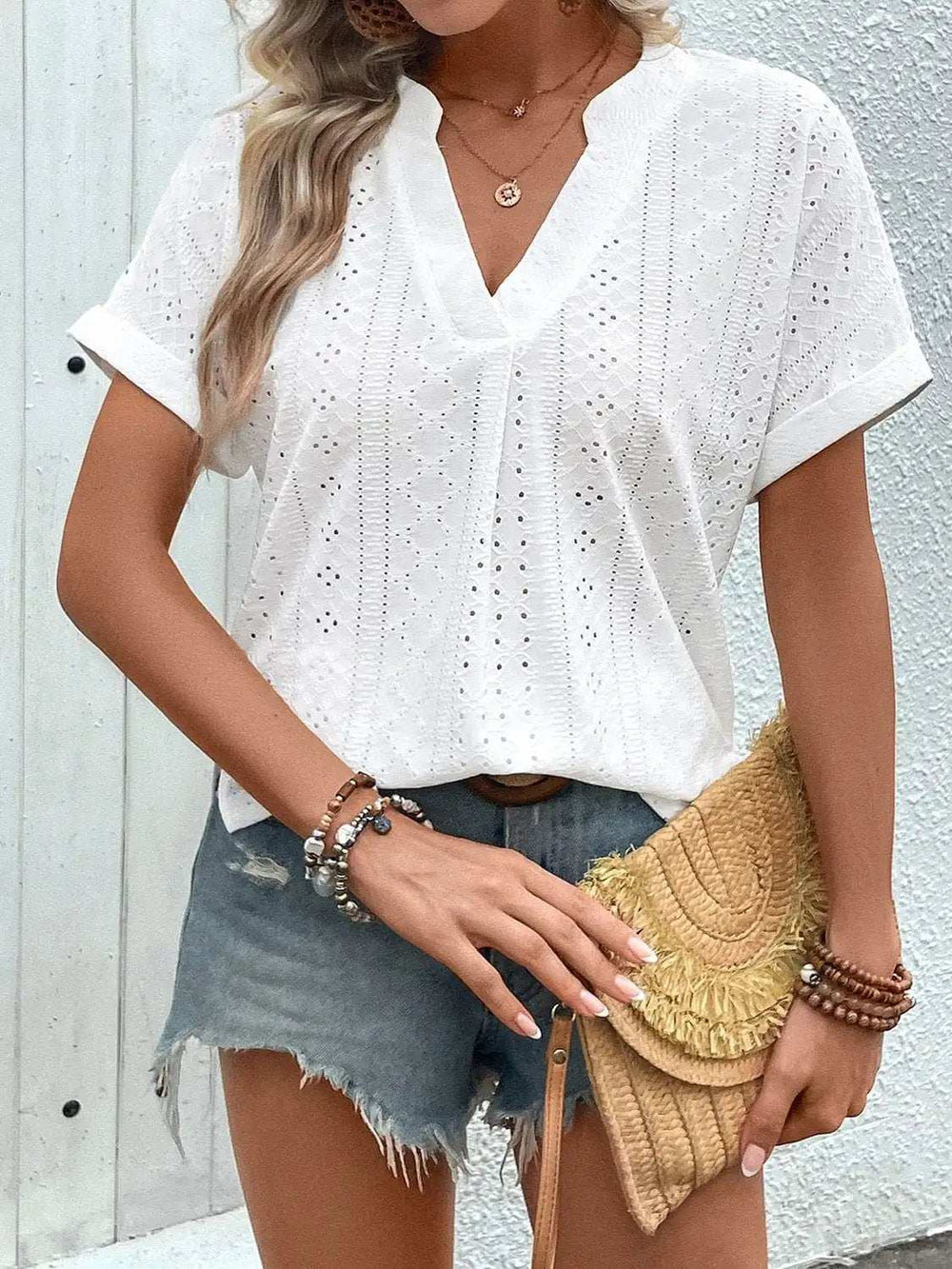 Eyelet Notched Short Sleeve Blouse - Trendsi - Flyclothing LLC