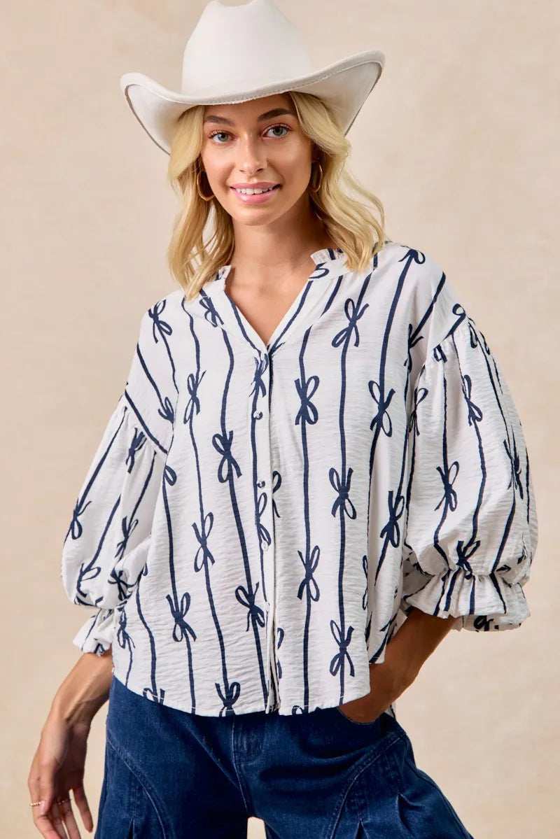 BiBi Bow Ribbon Printed Woven Bubble Sleeves Top - Trendsi - Flyclothing LLC