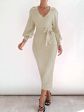 Tied Long Sleeve Wrap Sweater Dress - Trendsi - Flyclothing LLC