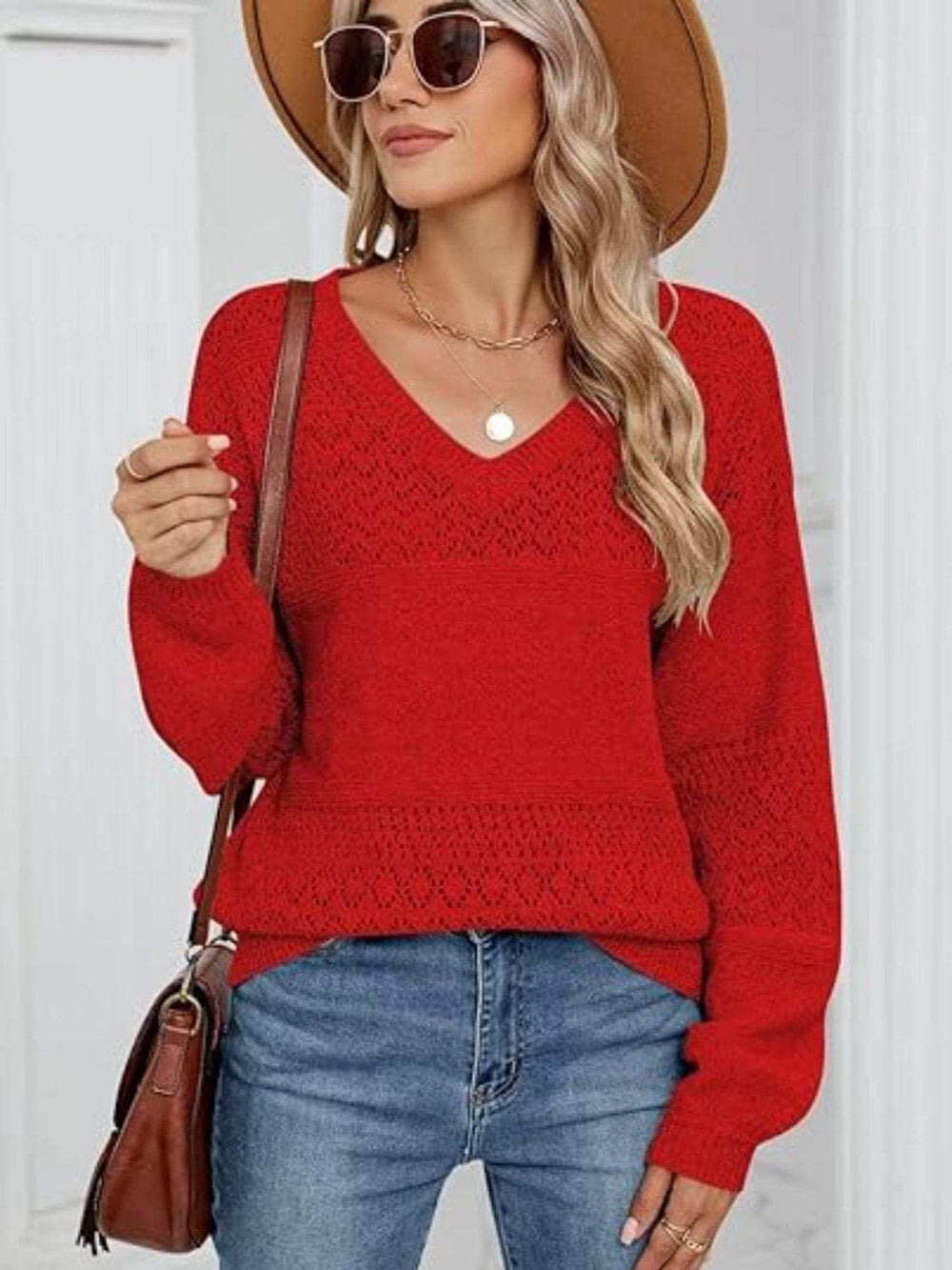 Eyelet V-Neck Long Sleeve Sweater - Trendsi - Flyclothing LLC