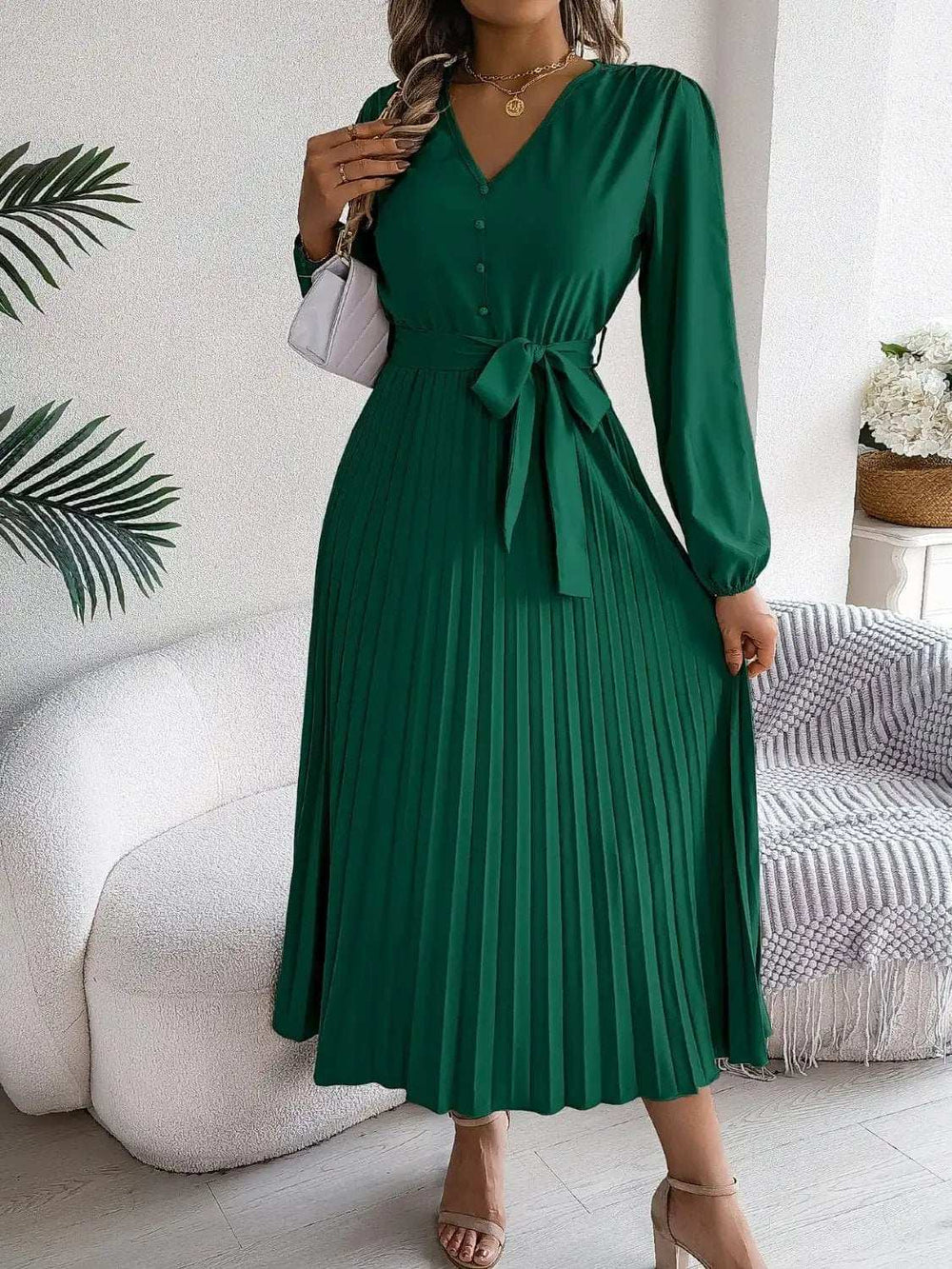 Pleated Tied V-Neck Long Sleeve Dress - Trendsi - Flyclothing LLC