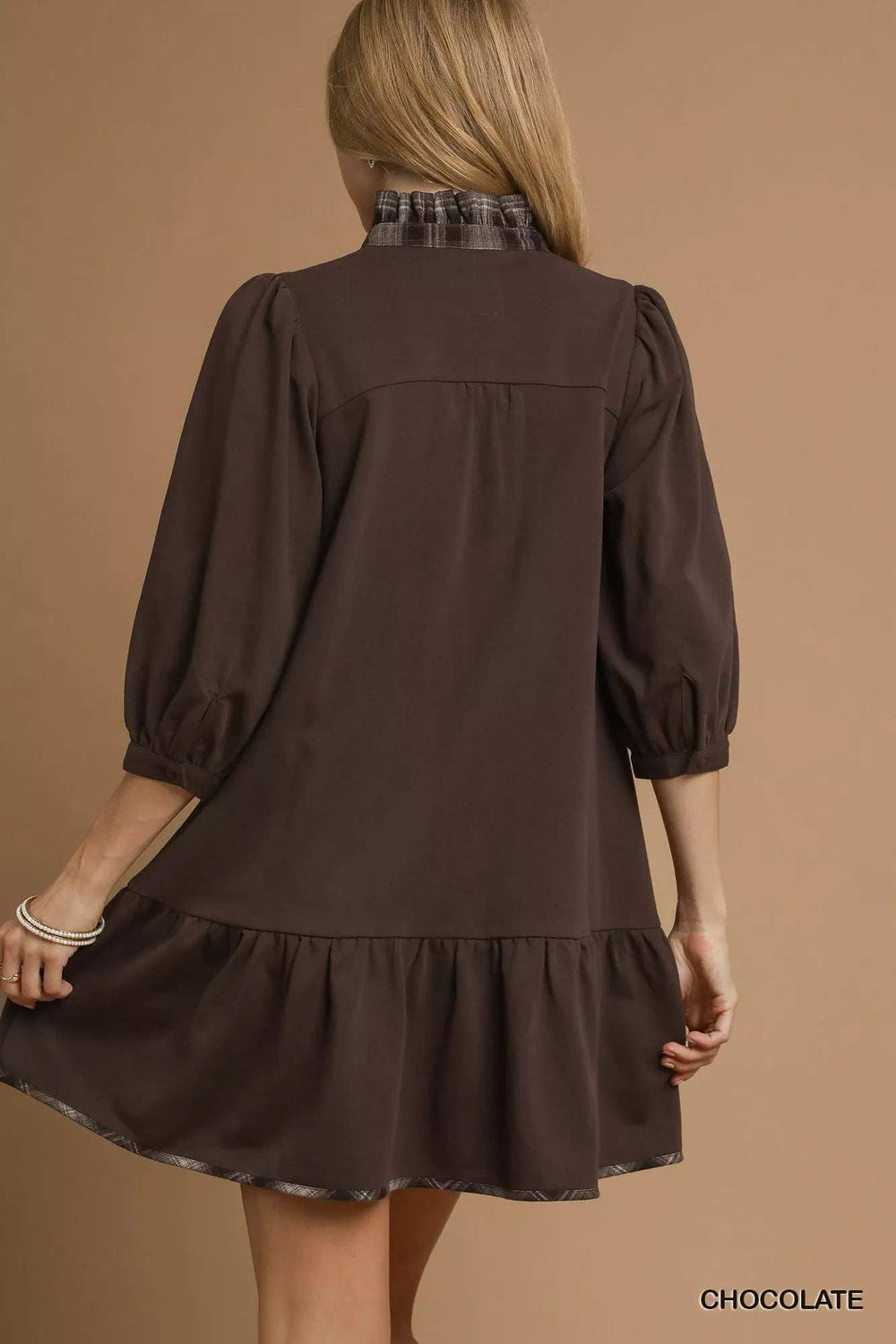 Umgee French Terry Ruffle Hem Dress with Plaid Trim - Trendsi - Flyclothing LLC