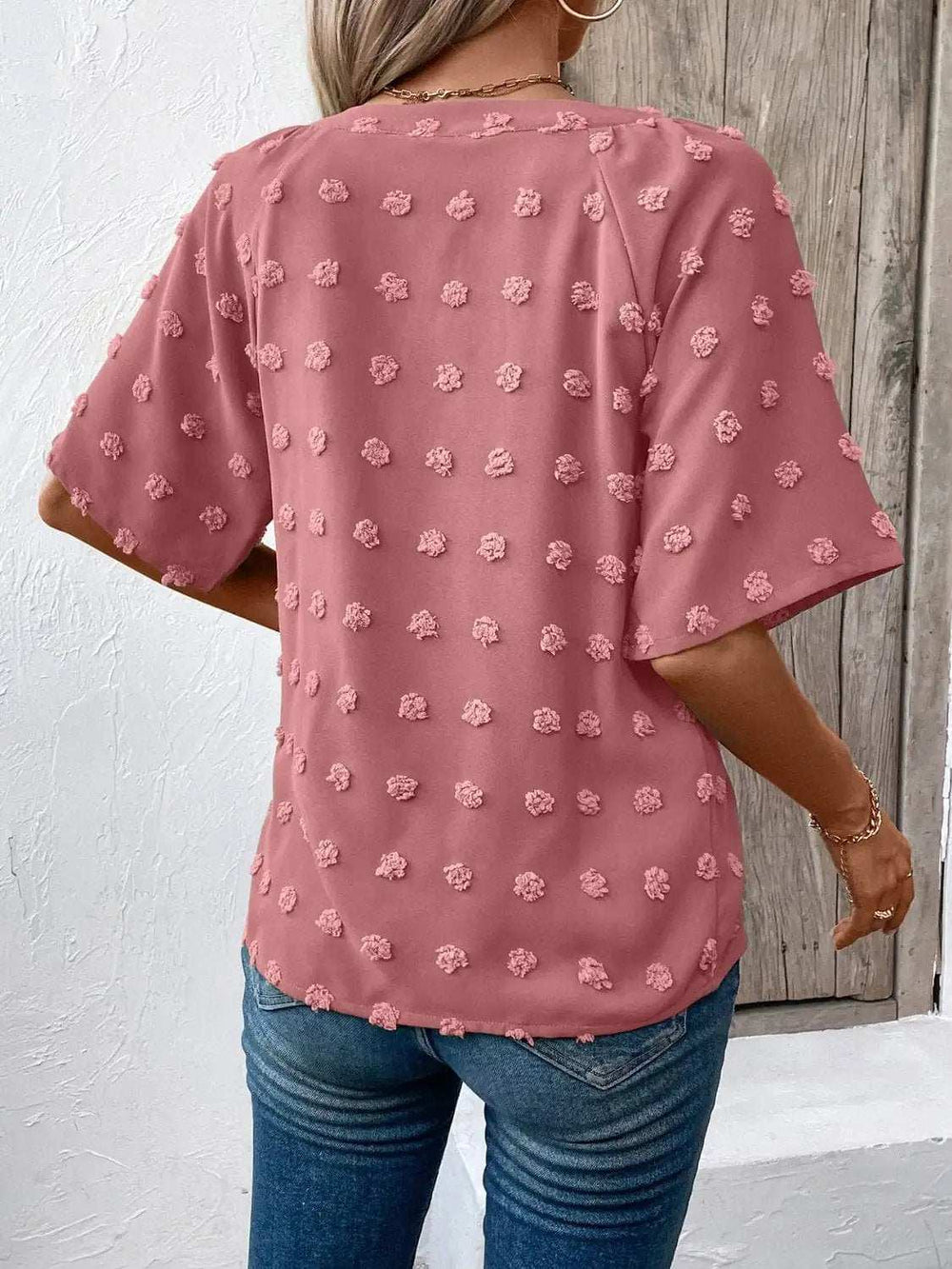 Swiss Dot Notched Half Sleeve Blouse - Trendsi - Flyclothing LLC