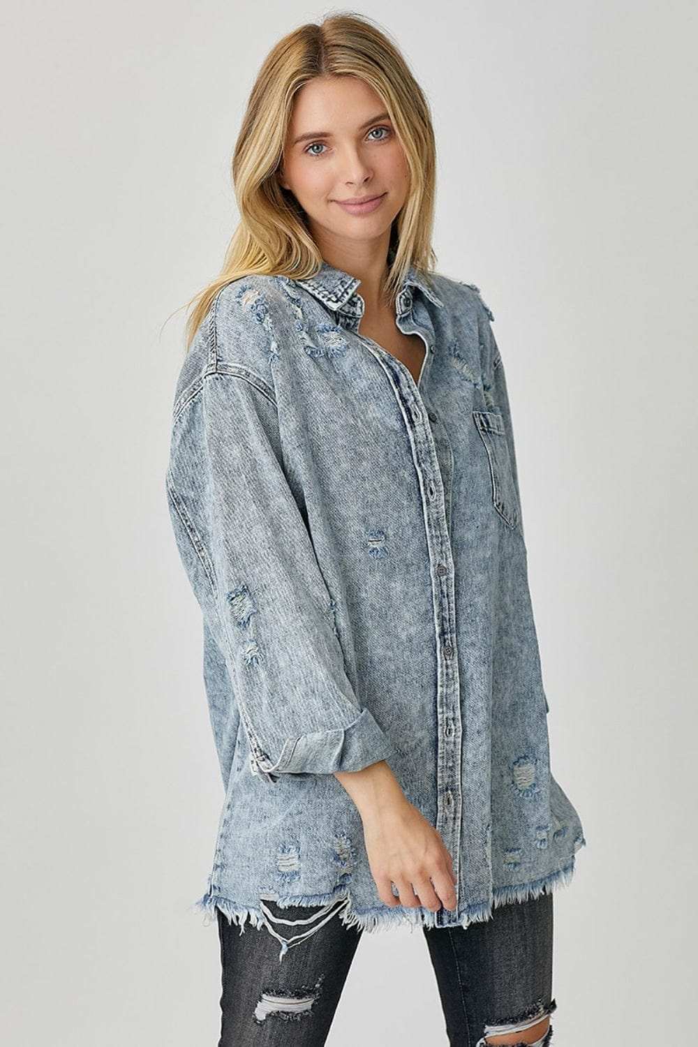 RISEN Distressed Raw Hem Denim Shirt - Trendsi - Flyclothing LLC