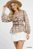Umgee Floral Smocked Peplum Blouse with Tie Detail - Trendsi - Flyclothing LLC