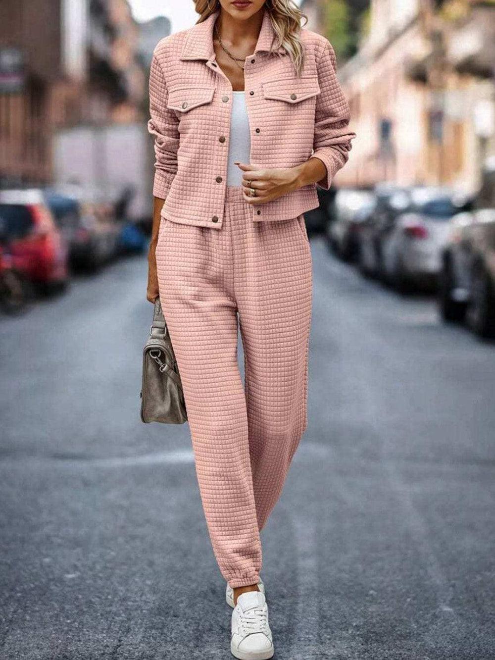 Plaid Texture Snap Down Top and Pants Set - Trendsi - Flyclothing LLC