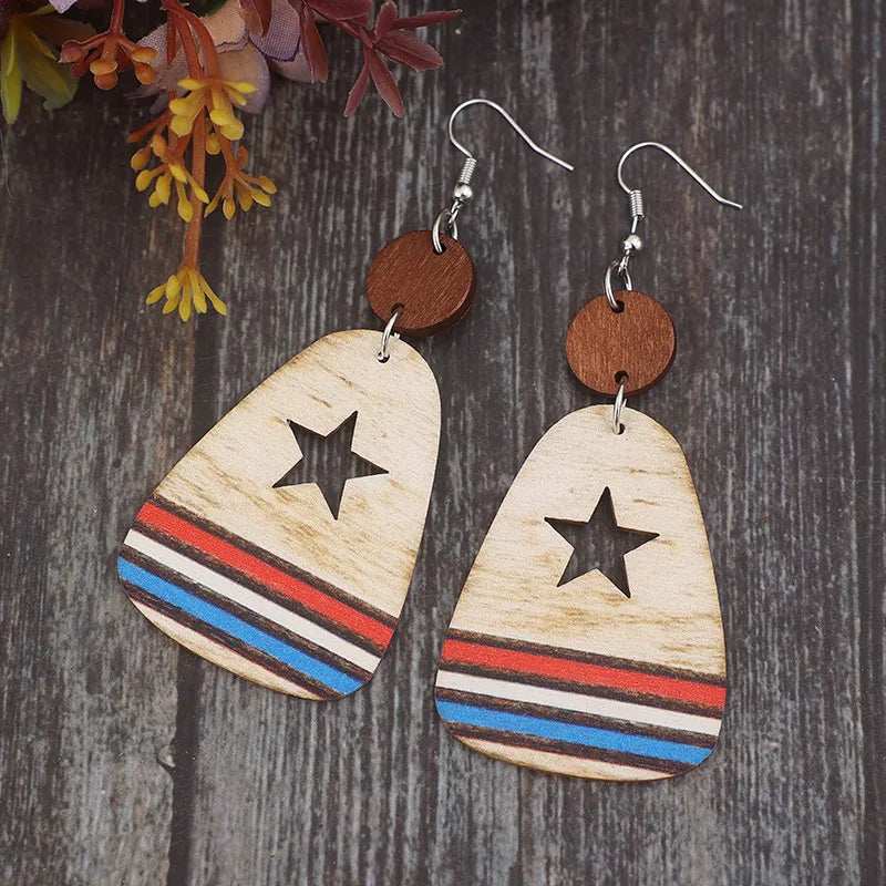 Cutout Star & Stripes Wooden Dangle Earrings - Trendsi - Flyclothing LLC