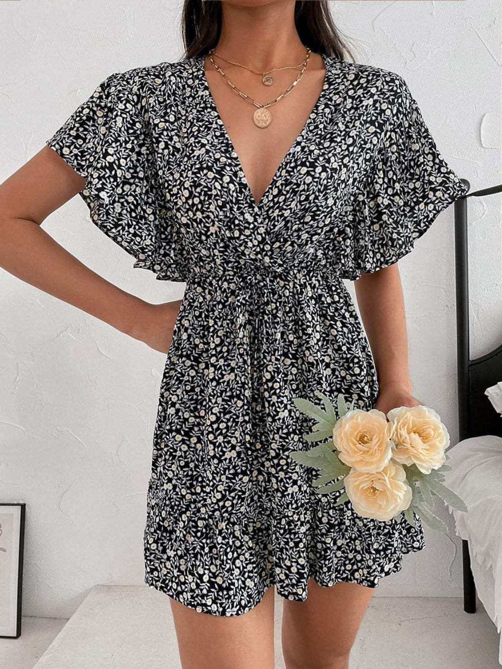 Cutout Ditsy Floral Surplice Flounce Sleeve Dress - Trendsi - Flyclothing LLC
