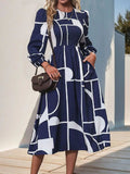 Smocked Color Block Long Sleeve Midi Dress - Trendsi - Flyclothing LLC