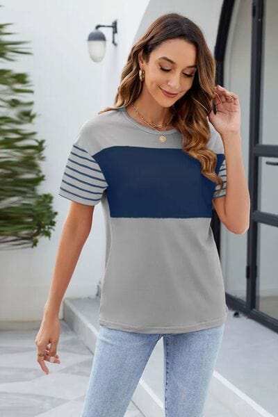 Color Block Round Neck Short Sleeve T-Shirt - Trendsi - Flyclothing LLC