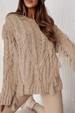 Cable Knit Fringe Round Neck Long Sleeve Sweater - Trendsi - Flyclothing LLC