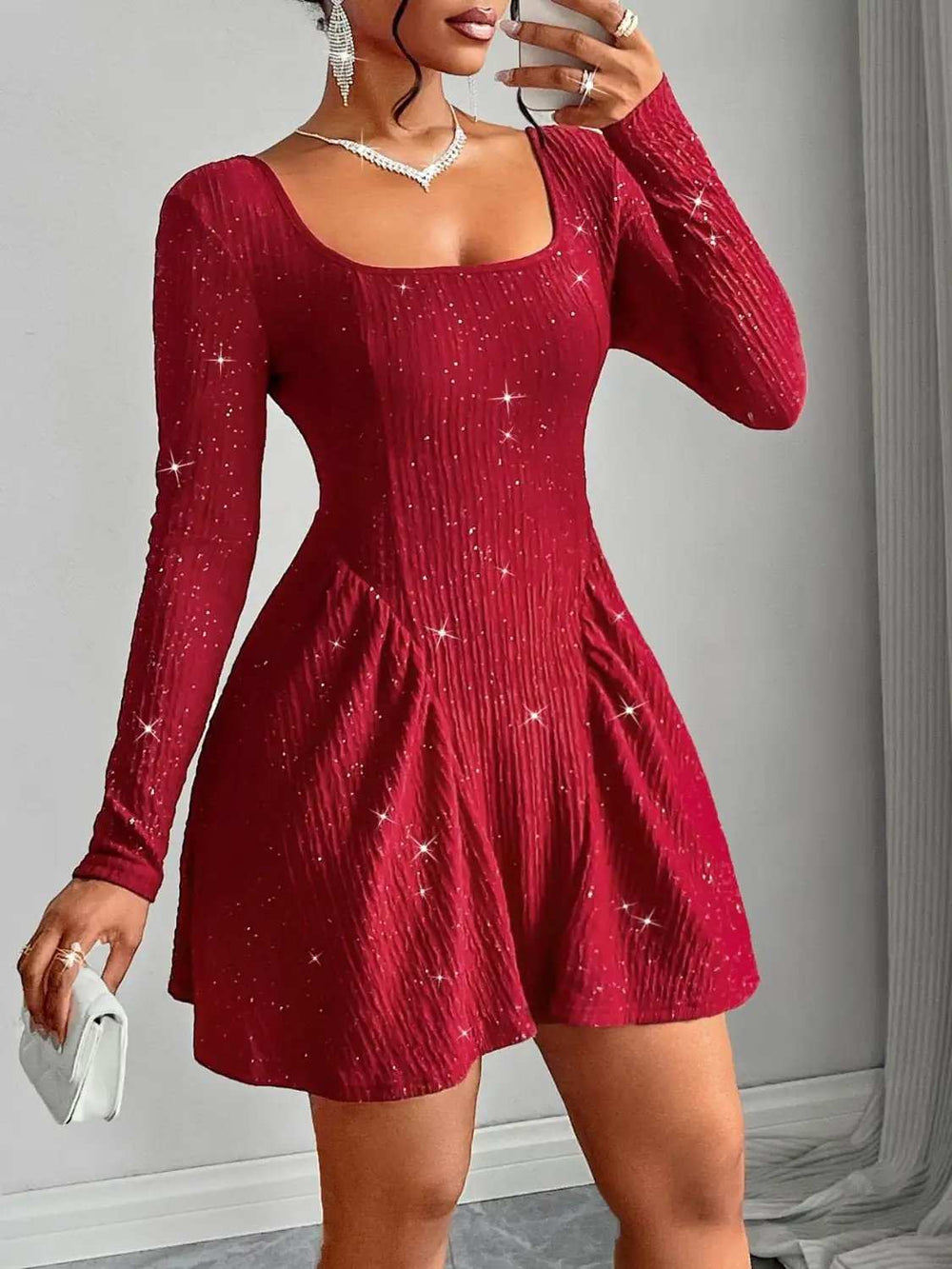 Backless Glitter Square Neck Long Sleeve Mini Dress - Trendsi - Flyclothing LLC