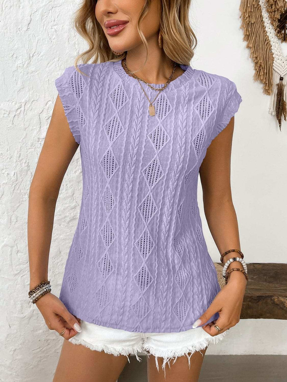 Eyelet Round Neck Cap Sleeve Top - Trendsi - Flyclothing LLC
