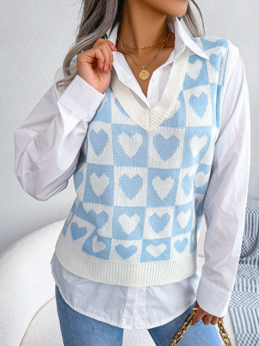 Heart V-Neck Sweater Vest - Trendsi - Flyclothing LLC
