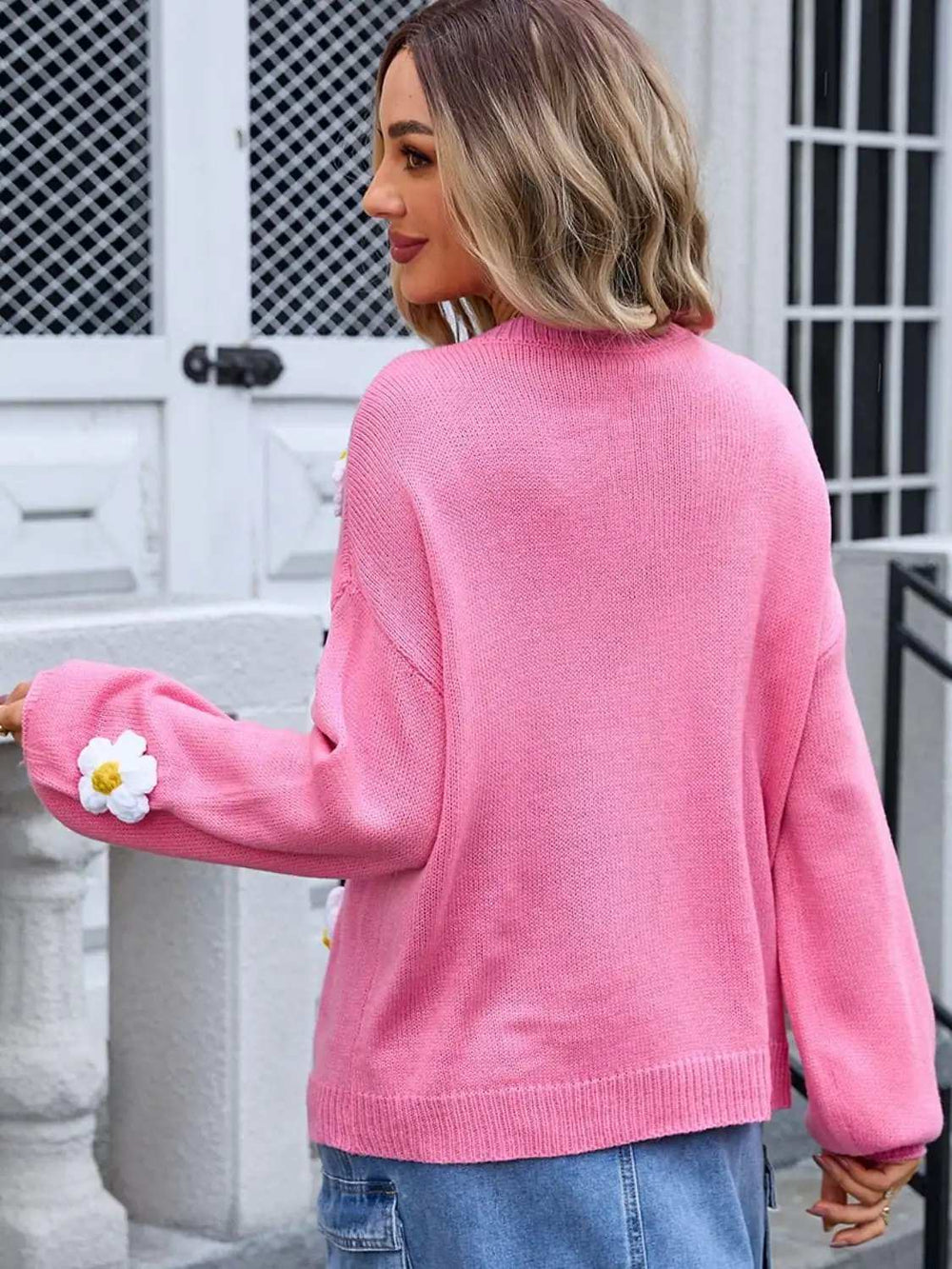 Angel Wings Flower Round Neck Long Sleeve Sweater - Trendsi - Flyclothing LLC