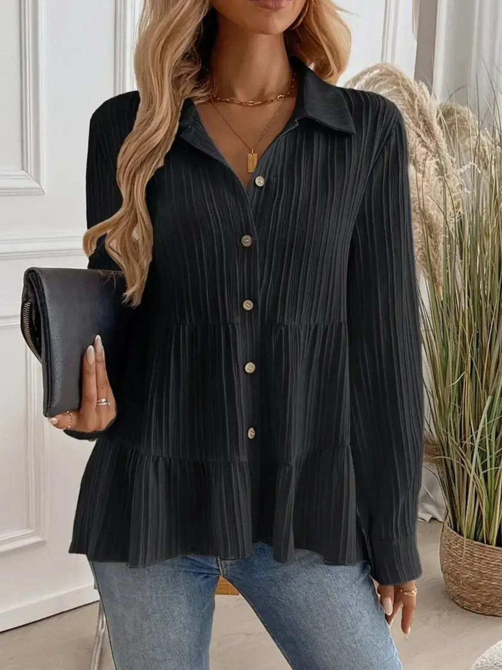 Striped Button-Down Tiered Shirt - Trendsi - Flyclothing LLC