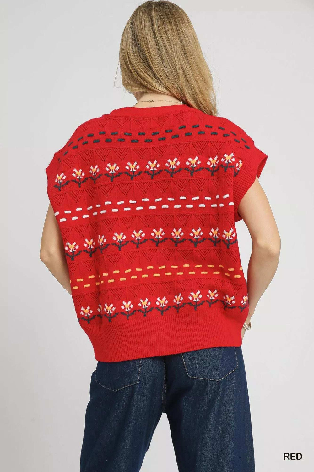 Umgee Button-Down Knit Vest with Floral Pattern - Trendsi - Flyclothing LLC