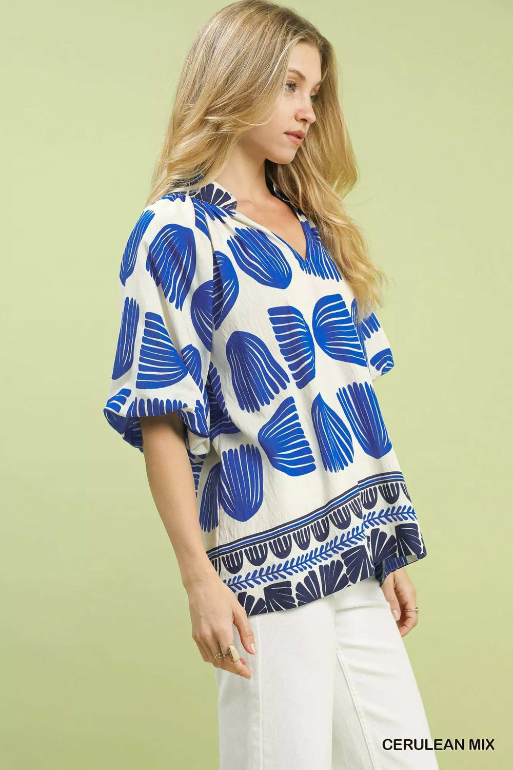 Umgee Shell Block Border Print Puff Sleeve Blouse - Trendsi - Flyclothing LLC