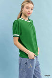 Umgee Puff Sleeve Knit Top with Contrast Rib Trim - Trendsi - Flyclothing LLC