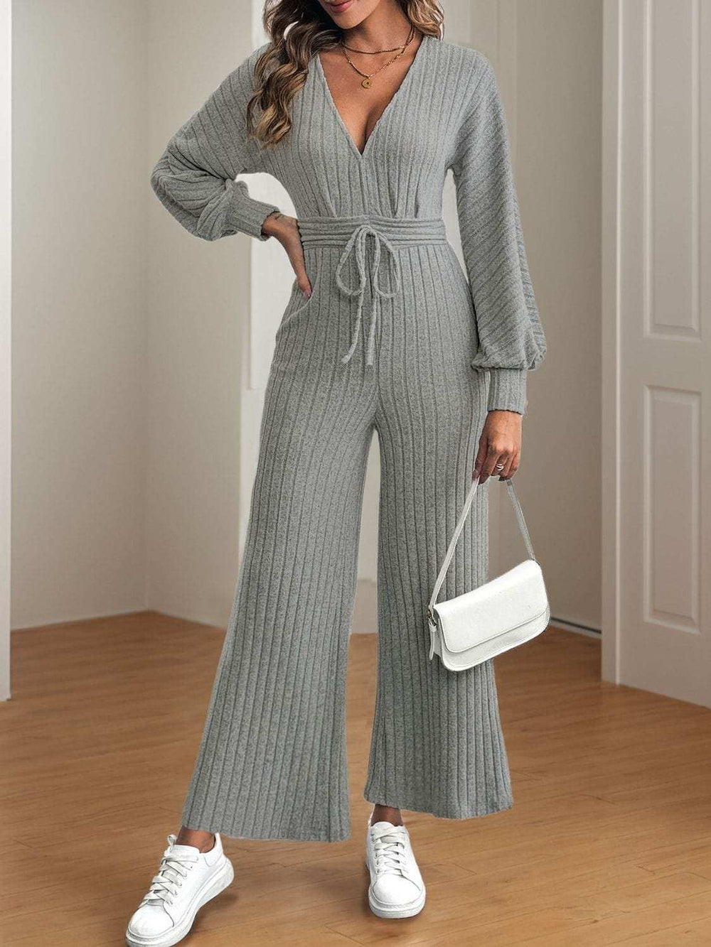 V-Neck Long Sleeve Wide Leg Jumpsuit - Trendsi - Flyclothing LLC