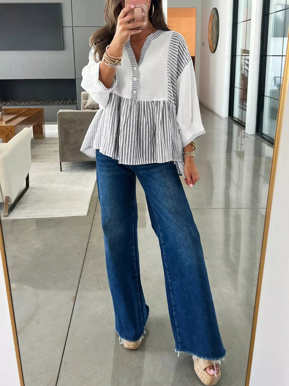 Striped Button Detail Blouse - Trendsi - Flyclothing LLC