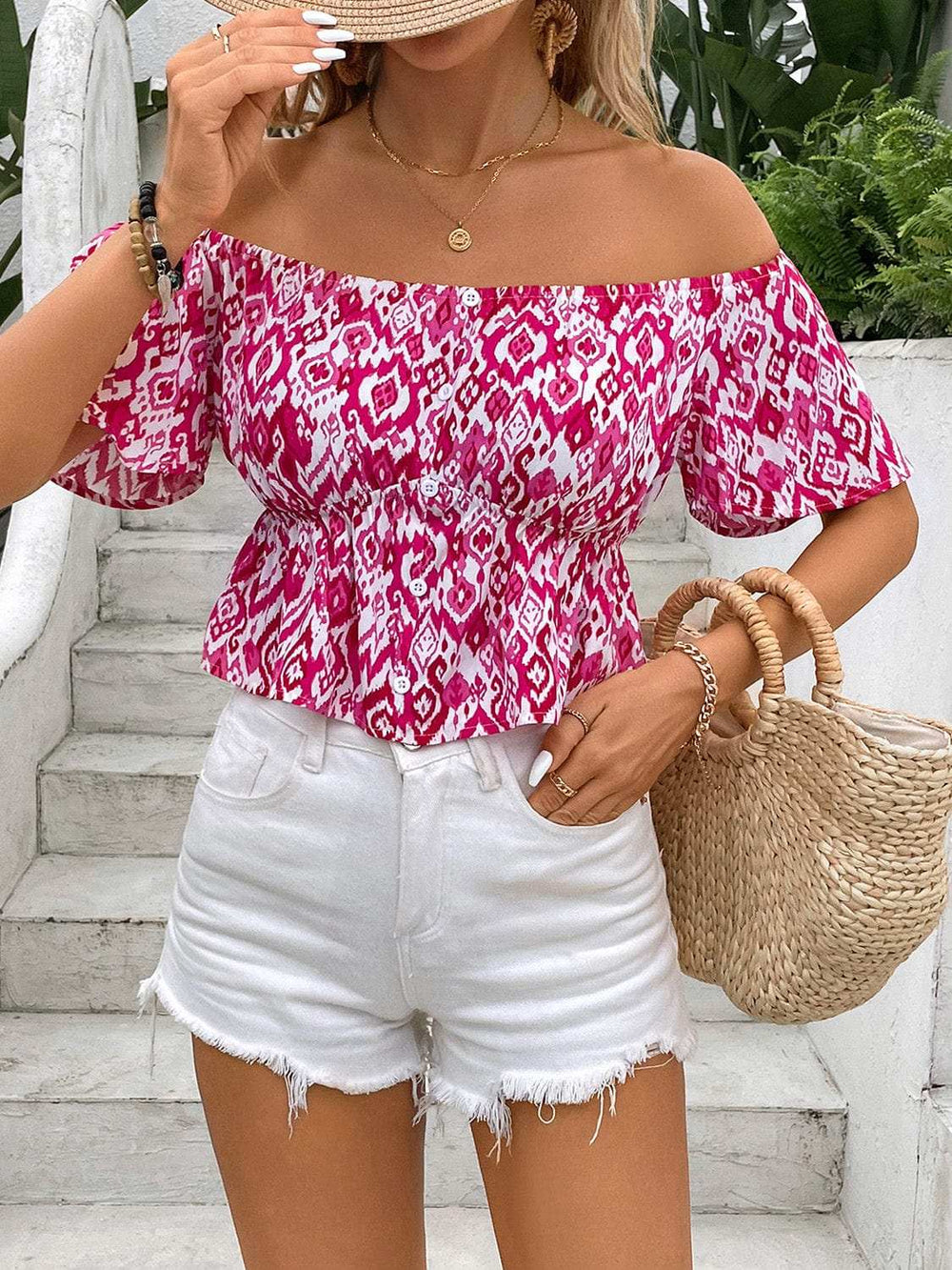 Peplum Printed Off-Shoulder Short Sleeve Blouse - Trendsi - Flyclothing LLC