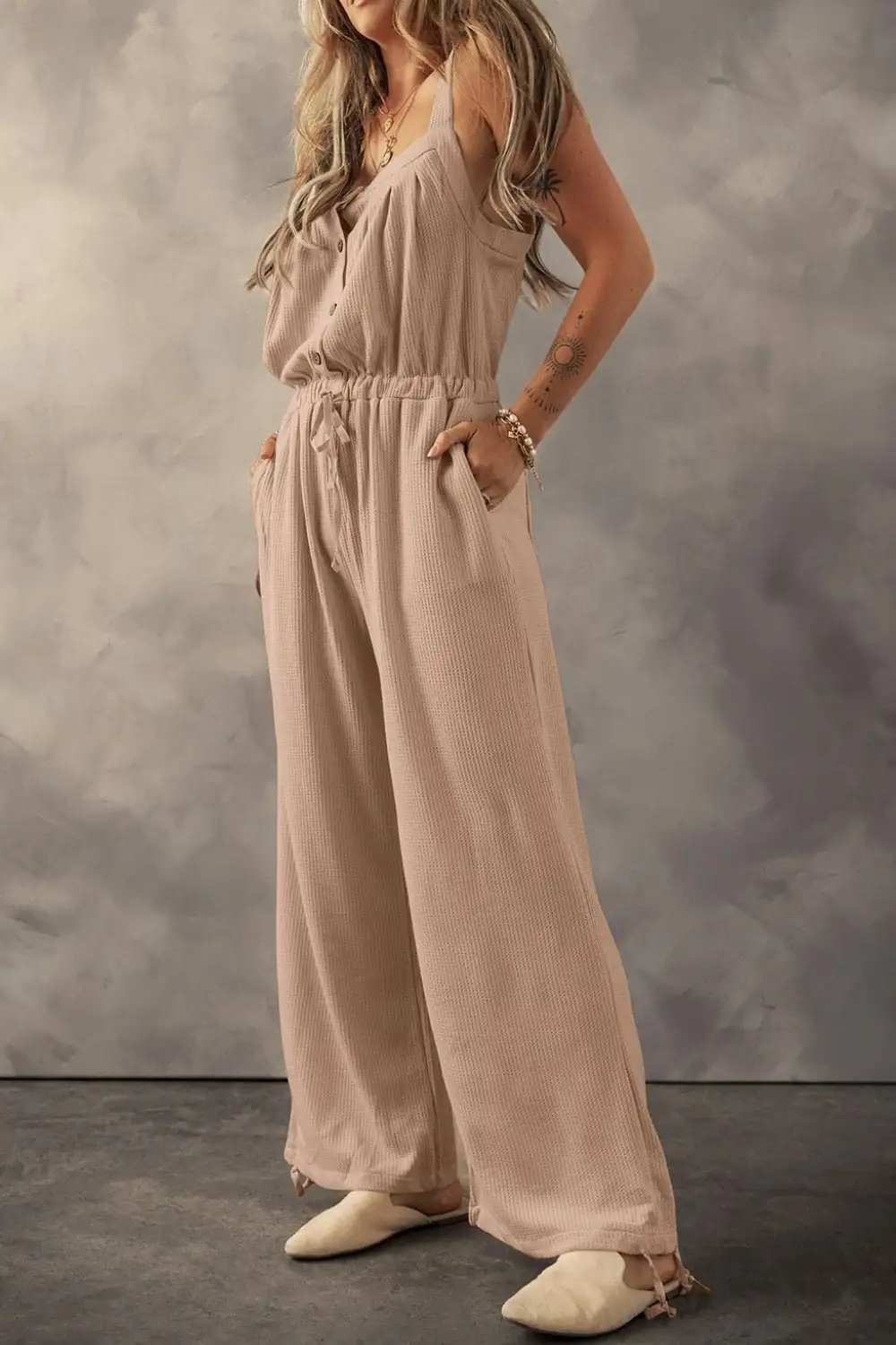 Knotted Straps Button Textured Drawstring Jumpsuit - Trendsi - Flyclothing LLC