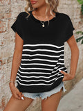 Striped Round Neck Short Sleeve Knit Top - Trendsi - Flyclothing LLC